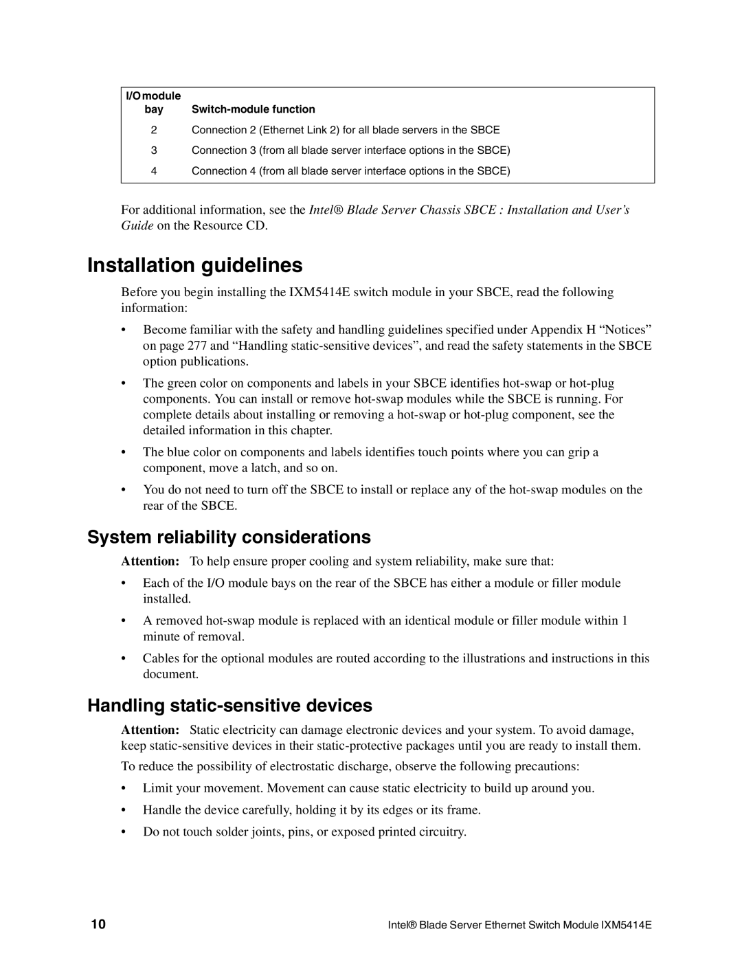 Intel IXM5414E manual Installation guidelines, System reliability considerations, Handling static-sensitive devices 