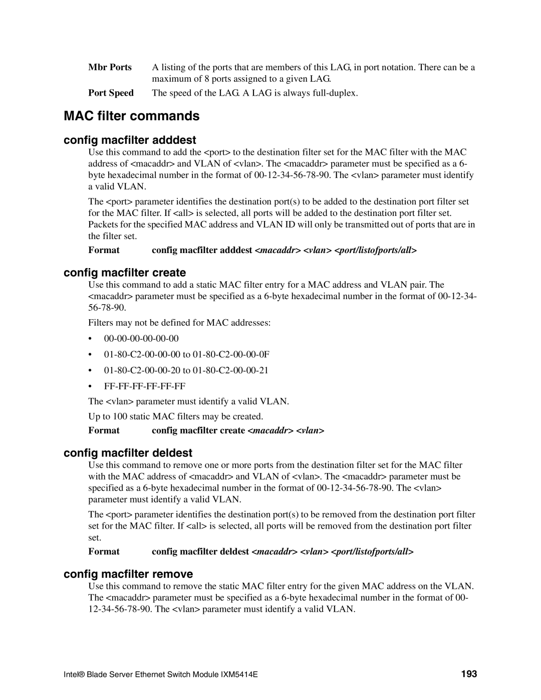 Intel IXM5414E manual MAC filter commands, Config macfilter adddest, Config macfilter create, Config macfilter deldest 