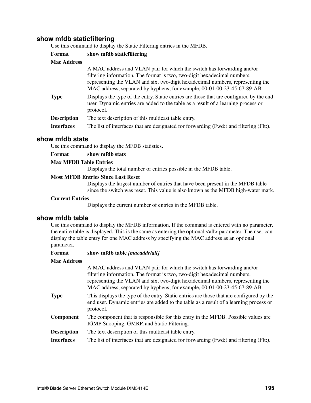 Intel IXM5414E manual Show mfdb staticfiltering, Show mfdb stats, Show mfdb table, 195 