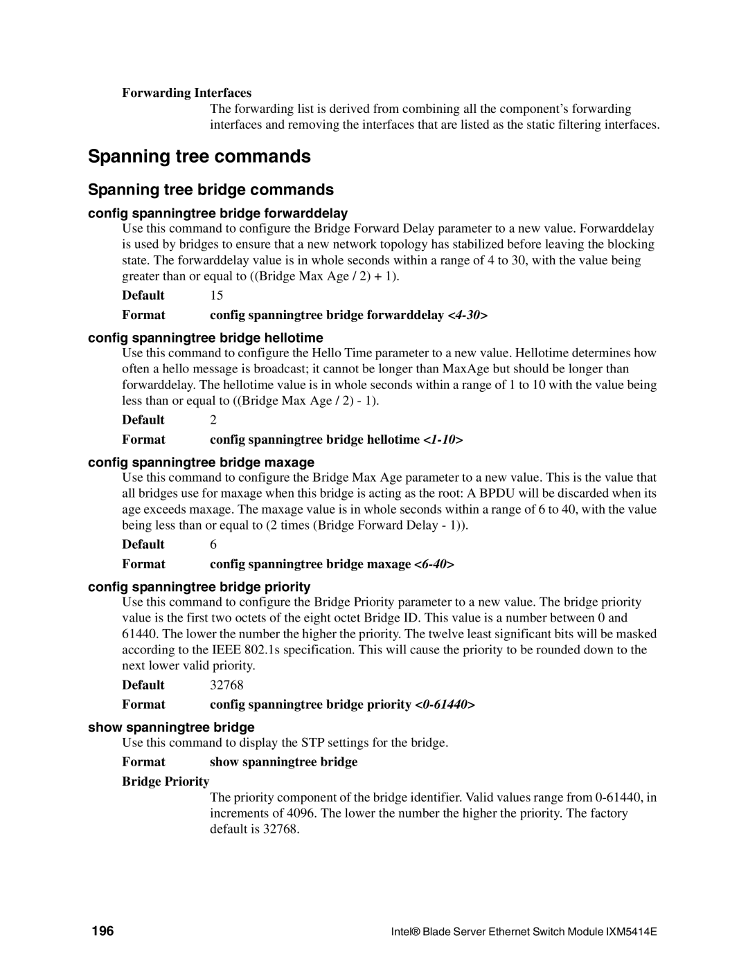 Intel IXM5414E manual Spanning tree commands, Spanning tree bridge commands 