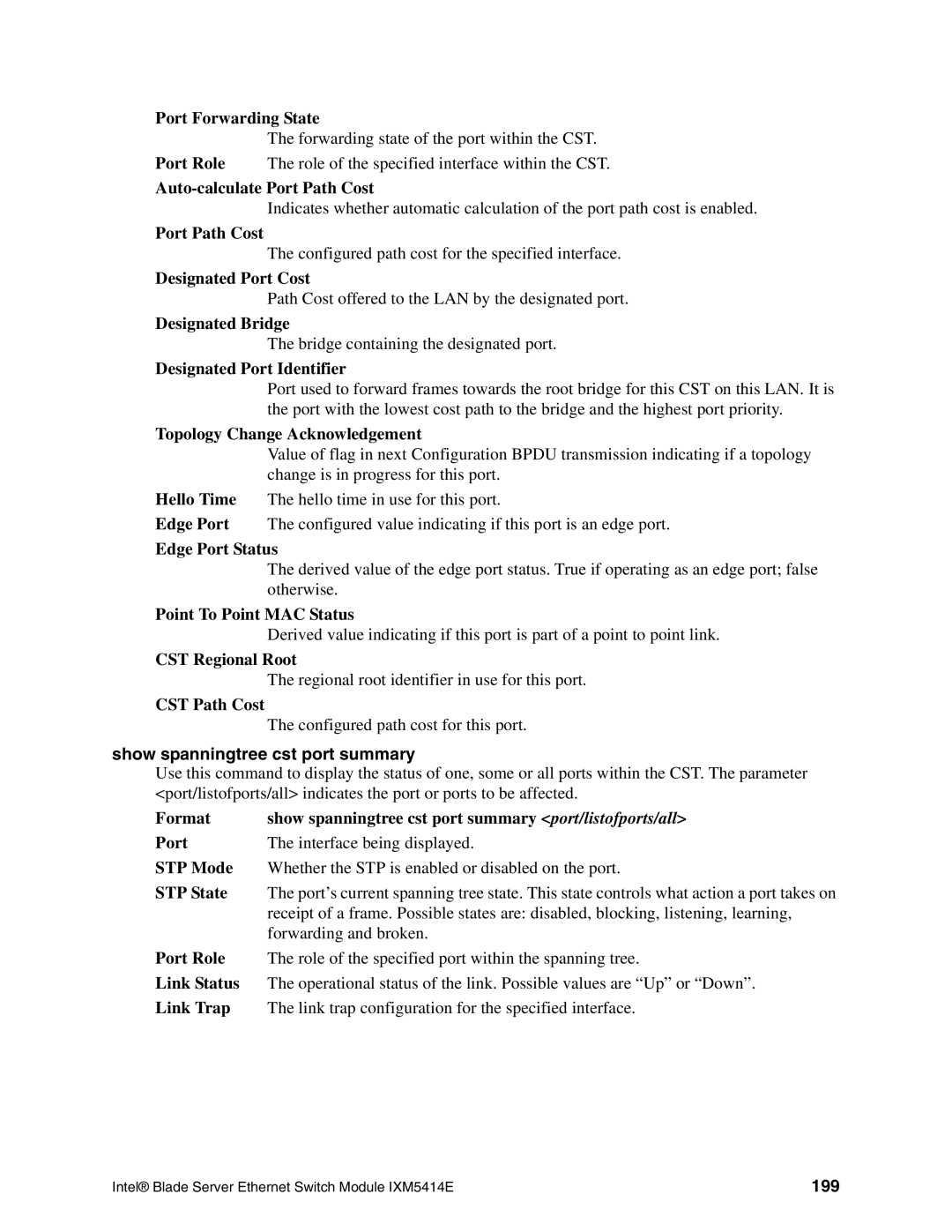 Intel IXM5414E manual Show spanningtree cst port summary, 199 