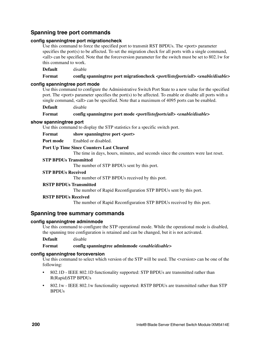 Intel IXM5414E manual Spanning tree port commands, Spanning tree summary commands 