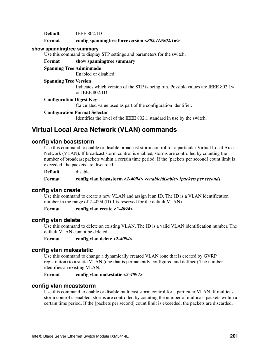 Intel IXM5414E manual Virtual Local Area Network Vlan commands 