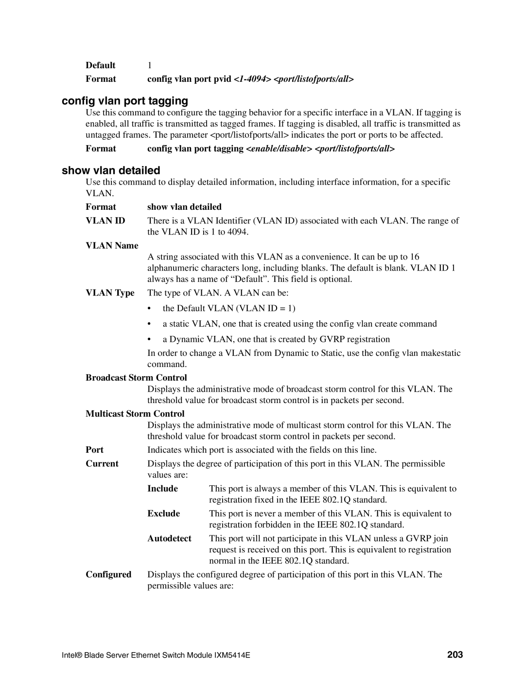 Intel IXM5414E manual Config vlan port tagging, Show vlan detailed, 203 