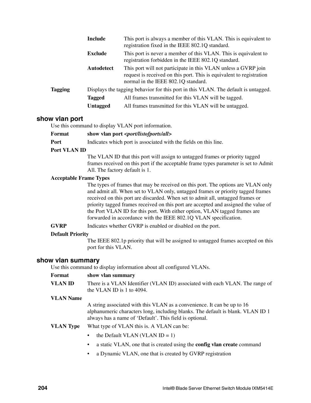 Intel IXM5414E manual Show vlan port, Show vlan summary, 204 