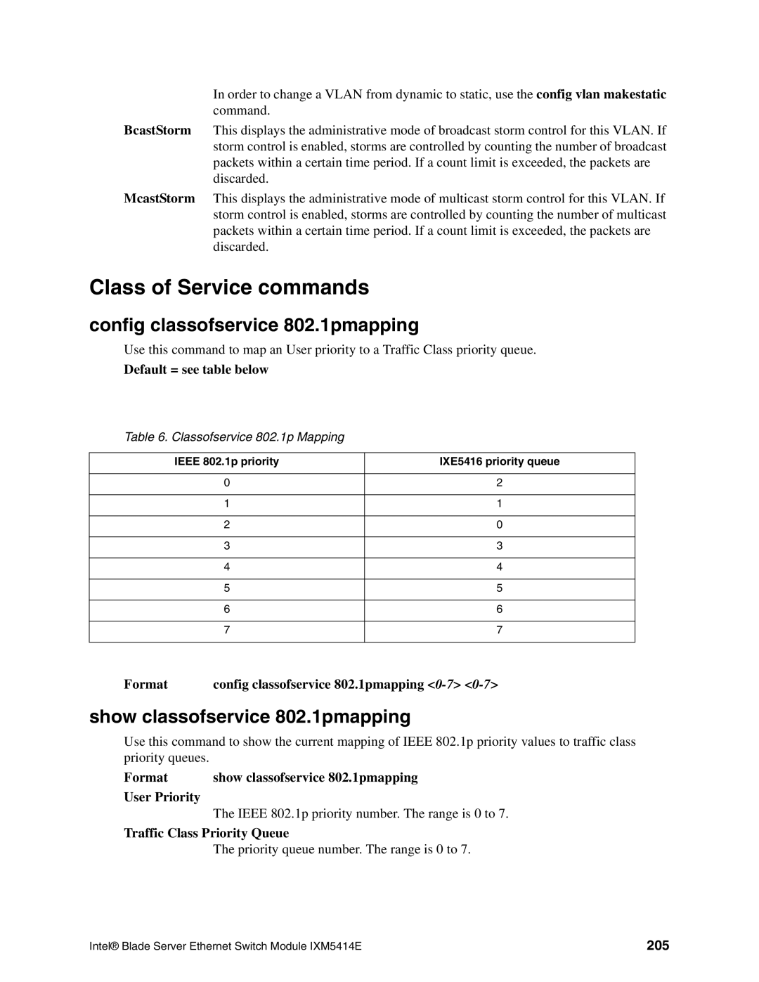 Intel IXM5414E Class of Service commands, Config classofservice 802.1pmapping, Show classofservice 802.1pmapping, 205 