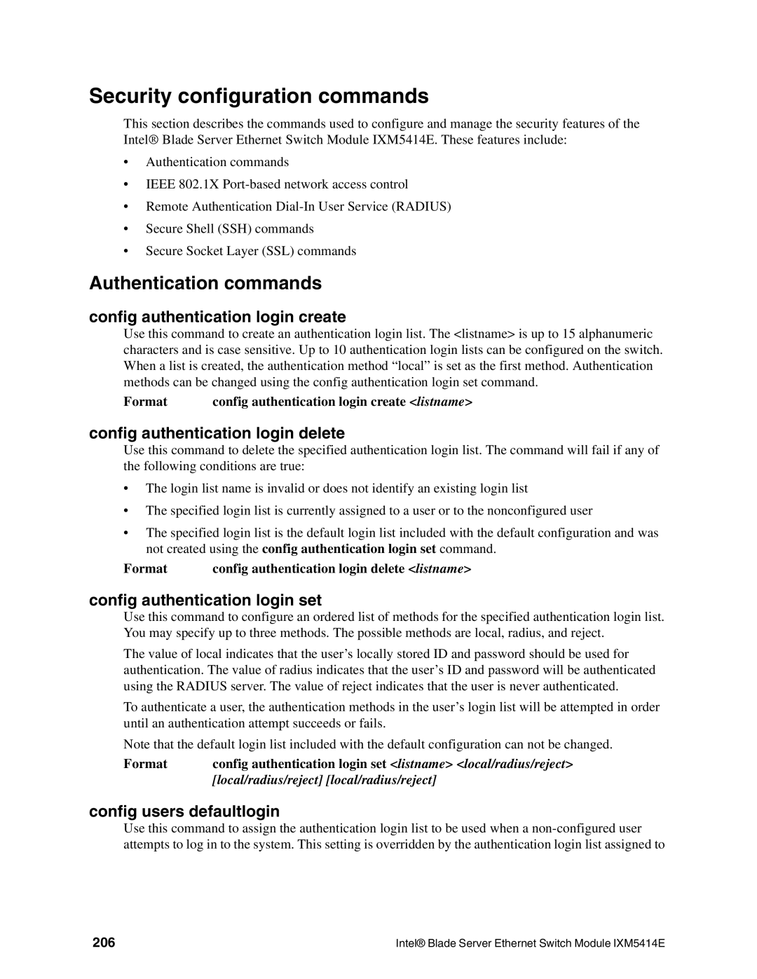 Intel IXM5414E manual Security configuration commands, Authentication commands 