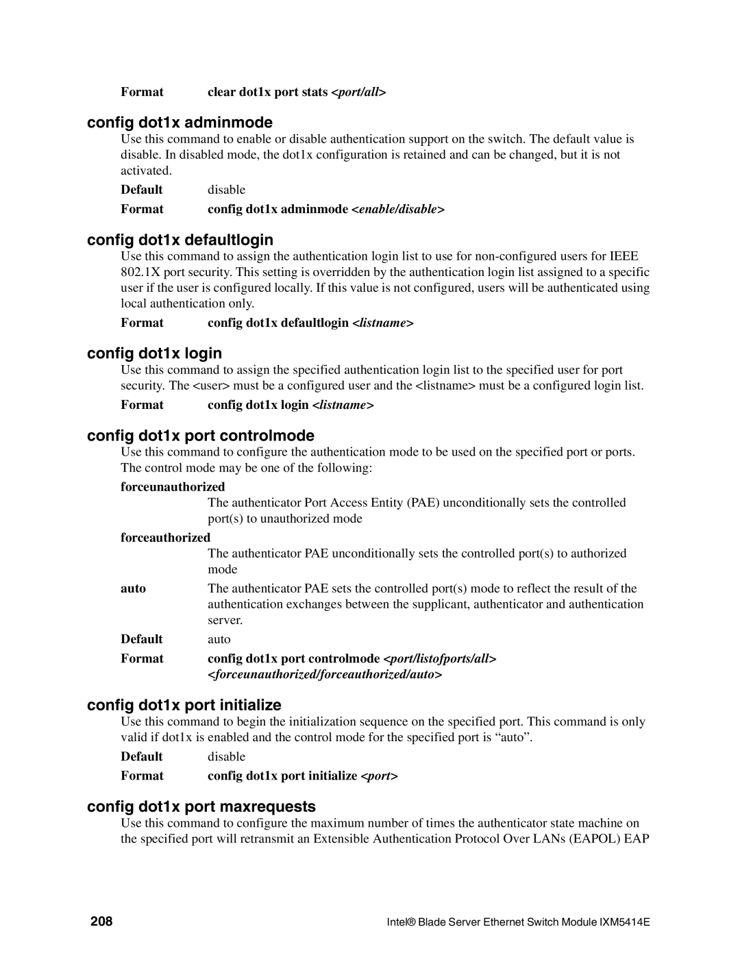 Intel IXM5414E manual Config dot1x adminmode, Config dot1x defaultlogin, Config dot1x login, Config dot1x port controlmode 