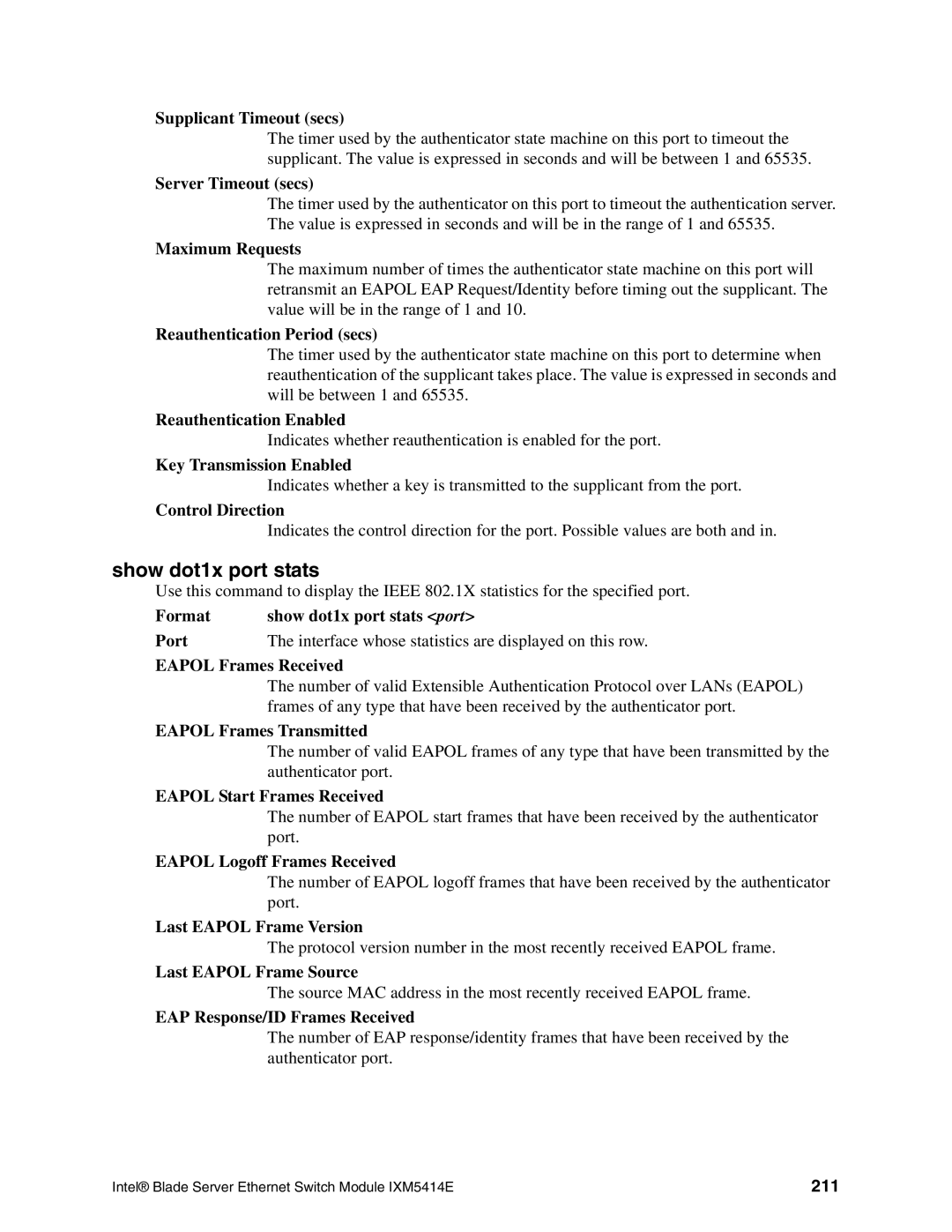 Intel IXM5414E manual Format Show dot1x port stats port Port, 211 