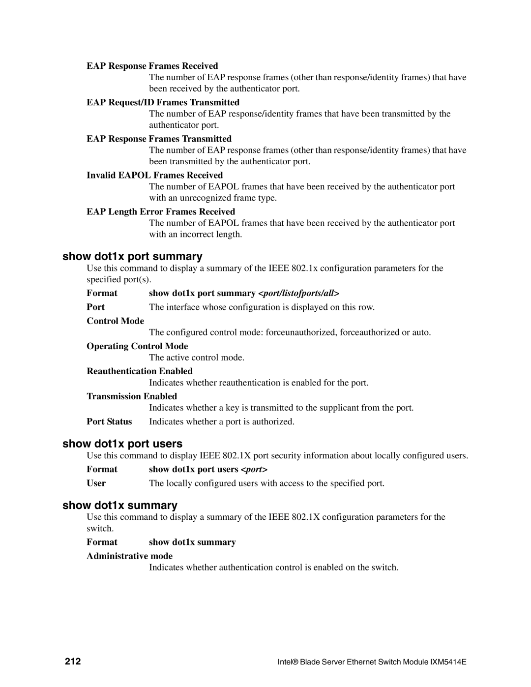 Intel IXM5414E manual Show dot1x port summary, Show dot1x port users, Show dot1x summary, 212 