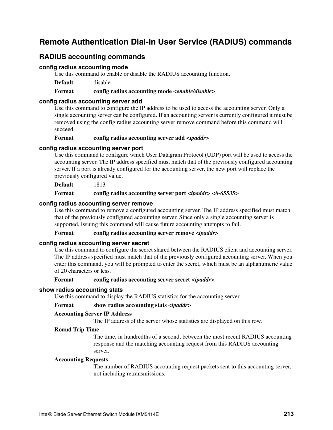 Intel IXM5414E manual Remote Authentication Dial-In User Service Radius commands, Radius accounting commands 