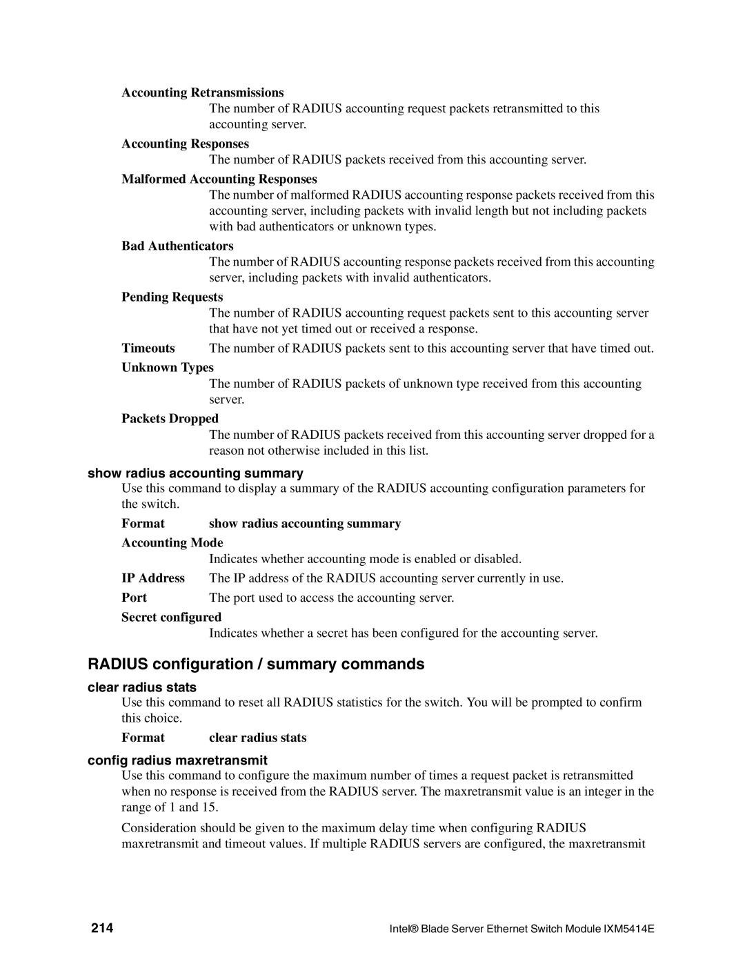 Intel IXM5414E manual Radius configuration / summary commands, Show radius accounting summary, Clear radius stats, 214 