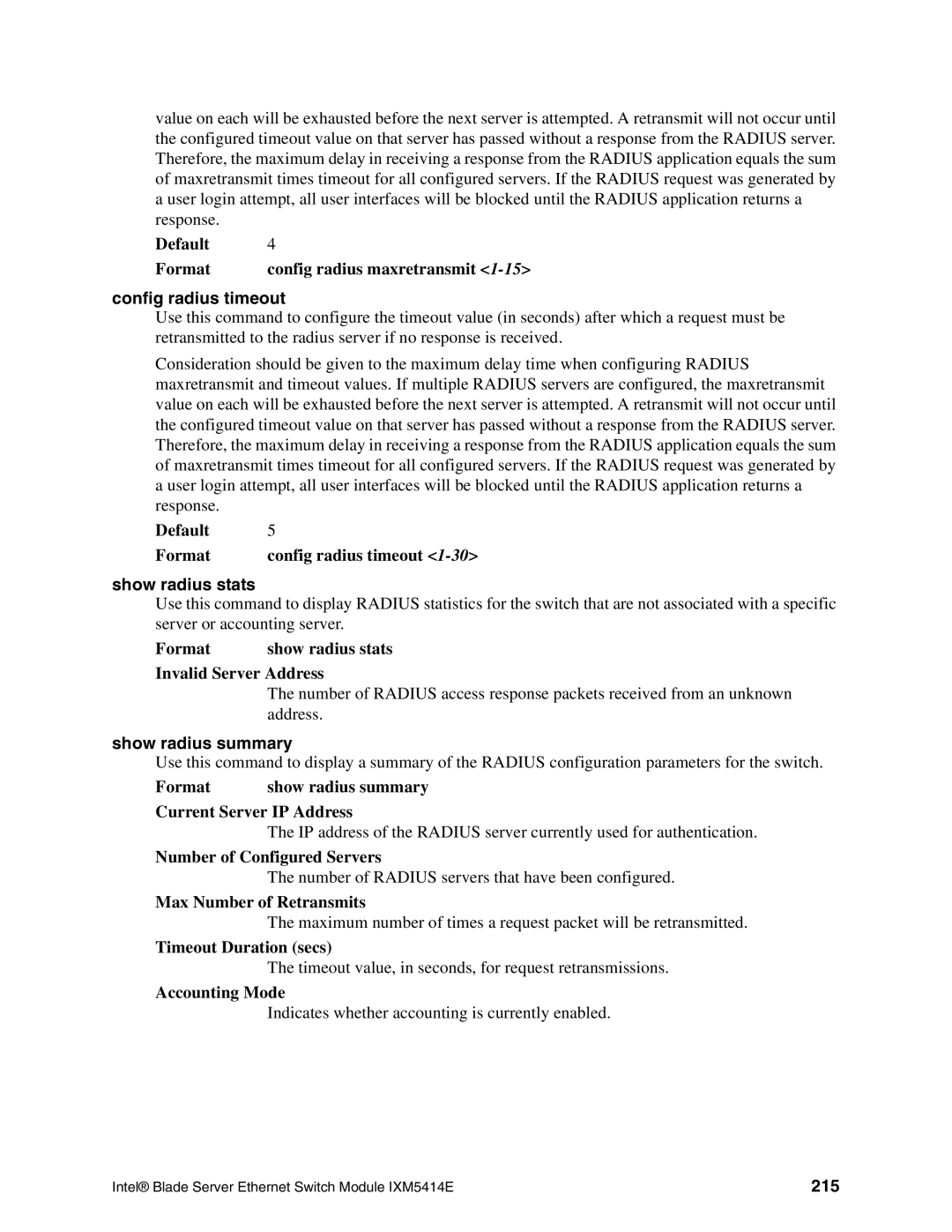 Intel IXM5414E manual Config radius timeout, Show radius stats, Show radius summary, 215 