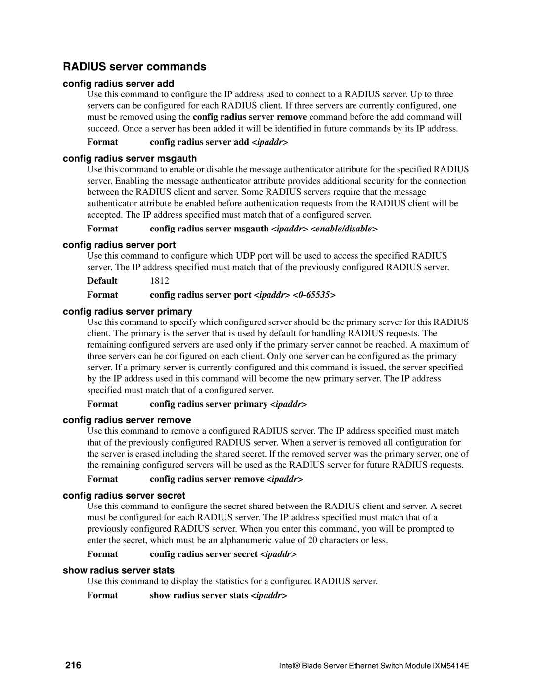 Intel IXM5414E manual Radius server commands 