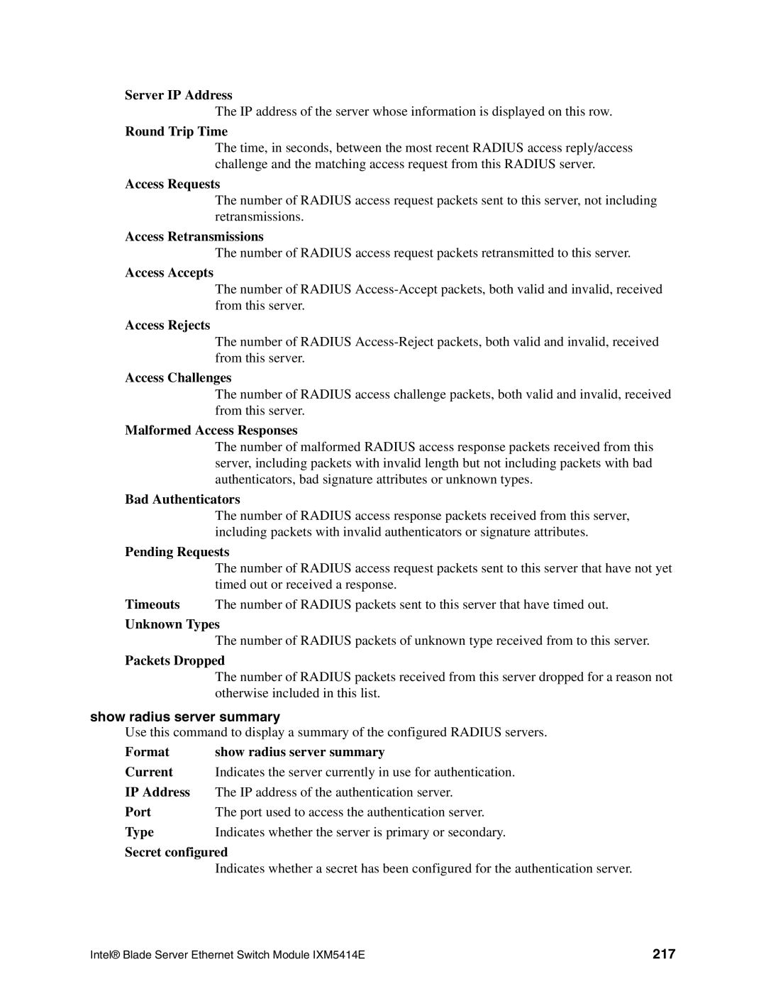 Intel IXM5414E manual Server IP Address, Show radius server summary, 217 