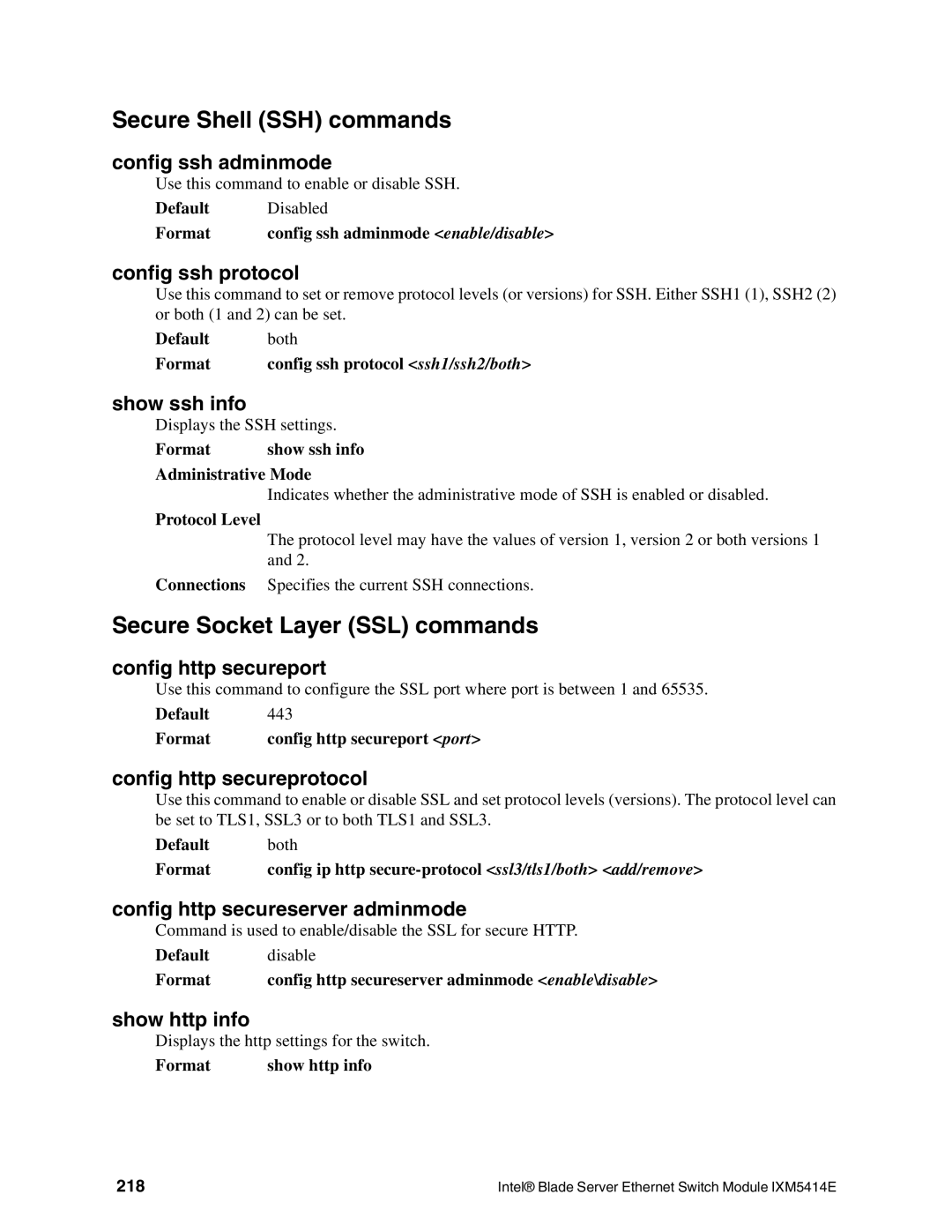 Intel IXM5414E manual Secure Shell SSH commands, Secure Socket Layer SSL commands 