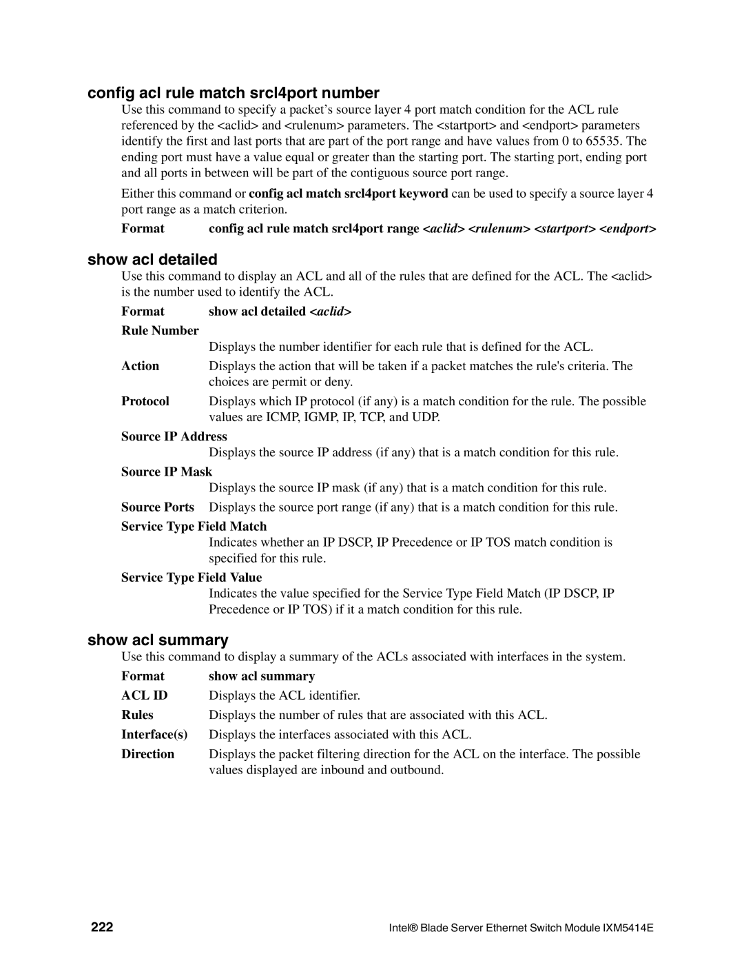 Intel IXM5414E manual Config acl rule match srcl4port number, Show acl detailed, Show acl summary, 222 