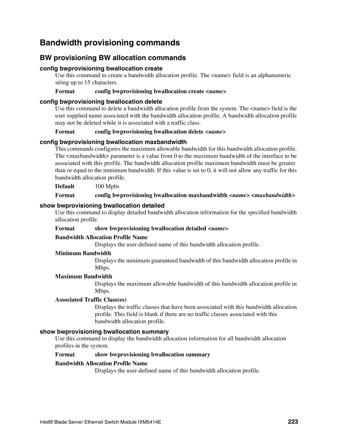 Intel IXM5414E manual Bandwidth provisioning commands, BW provisioning BW allocation commands 