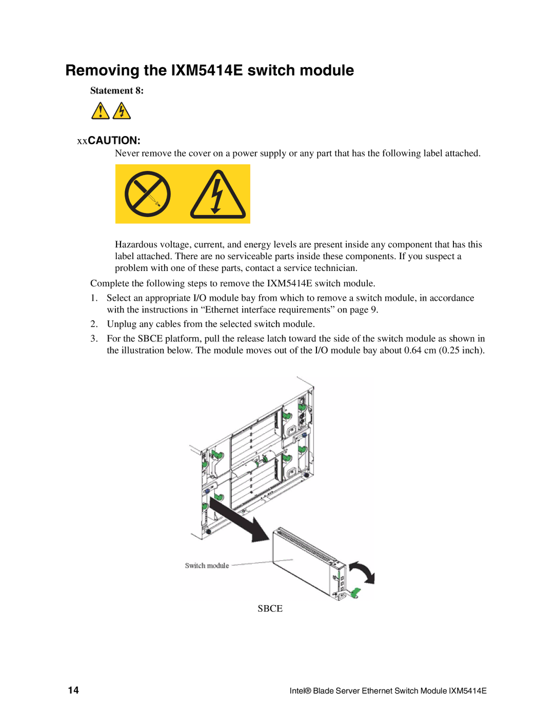 Intel manual Removing the IXM5414E switch module, Statement 