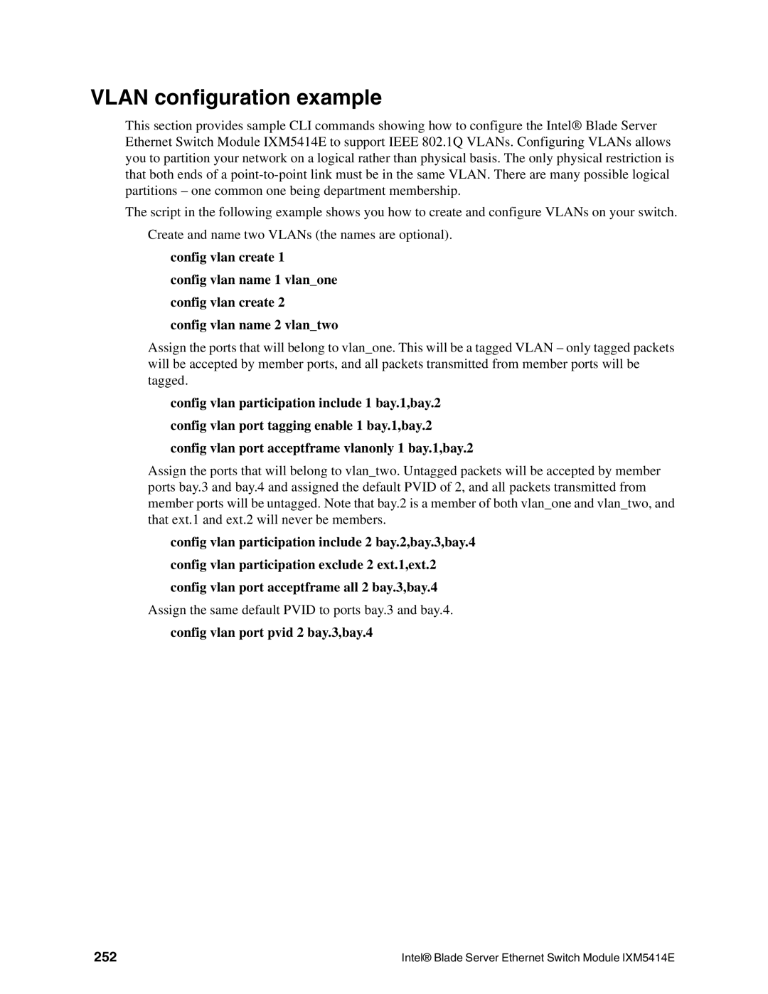 Intel IXM5414E manual Vlan configuration example, Config vlan create, Config vlan port pvid 2 bay.3,bay.4, 252 