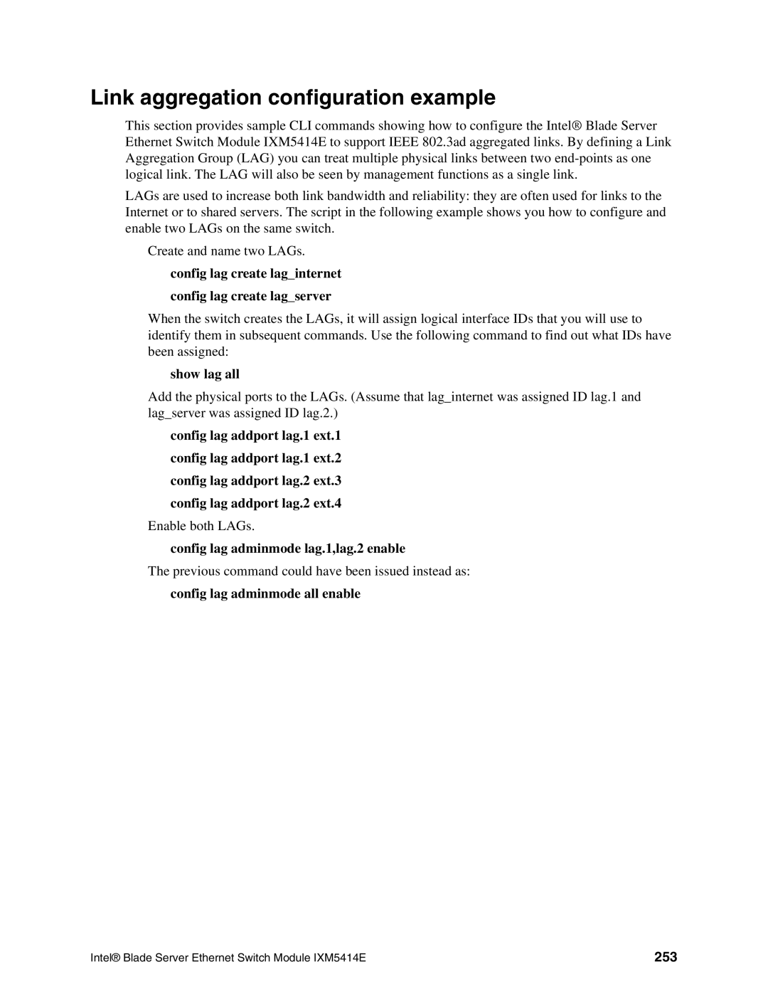 Intel IXM5414E manual Link aggregation configuration example, 253 