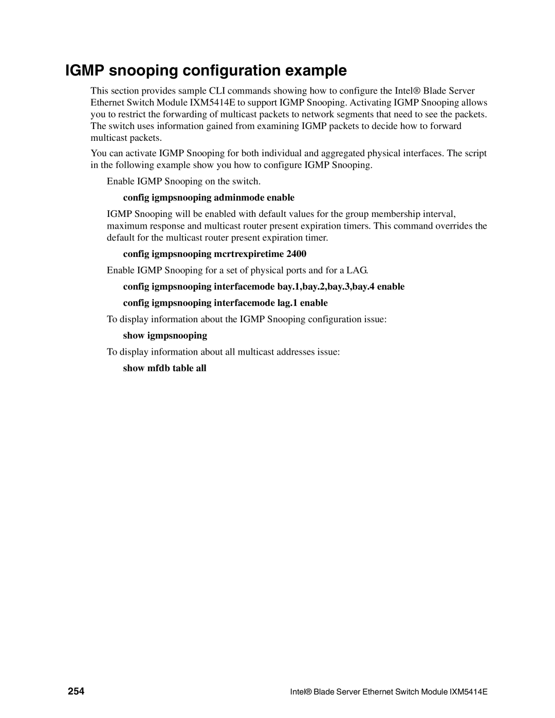 Intel IXM5414E manual Igmp snooping configuration example, Config igmpsnooping adminmode enable, Show mfdb table all, 254 