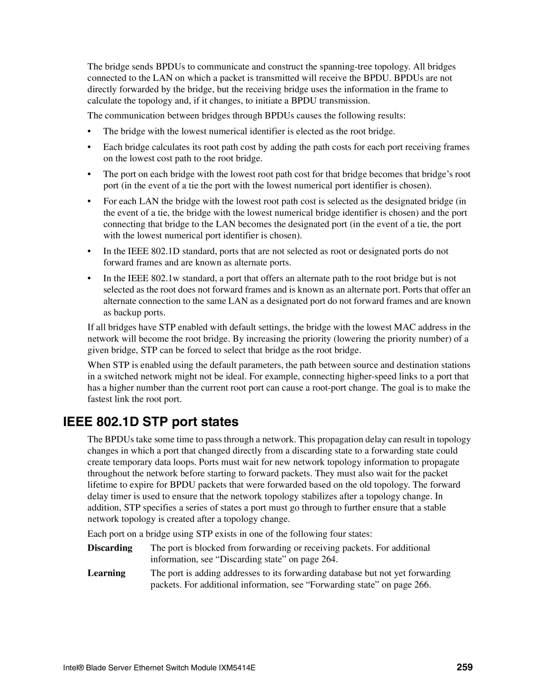 Intel IXM5414E manual Ieee 802.1D STP port states, 259 