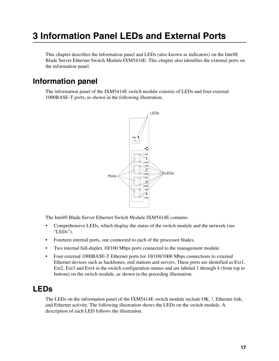 Intel IXM5414E manual Information panel, LEDs 