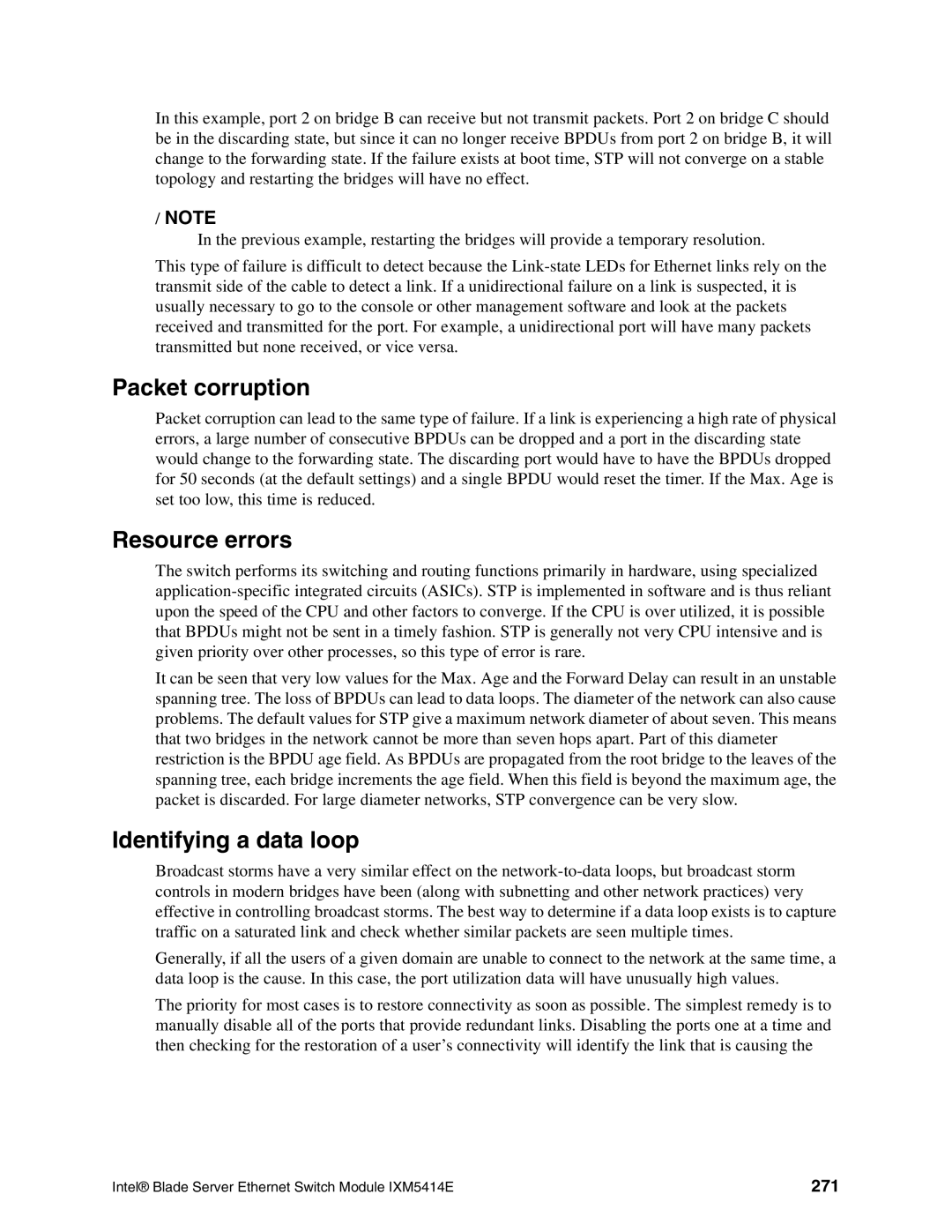 Intel IXM5414E manual Packet corruption, Resource errors, Identifying a data loop, 271 