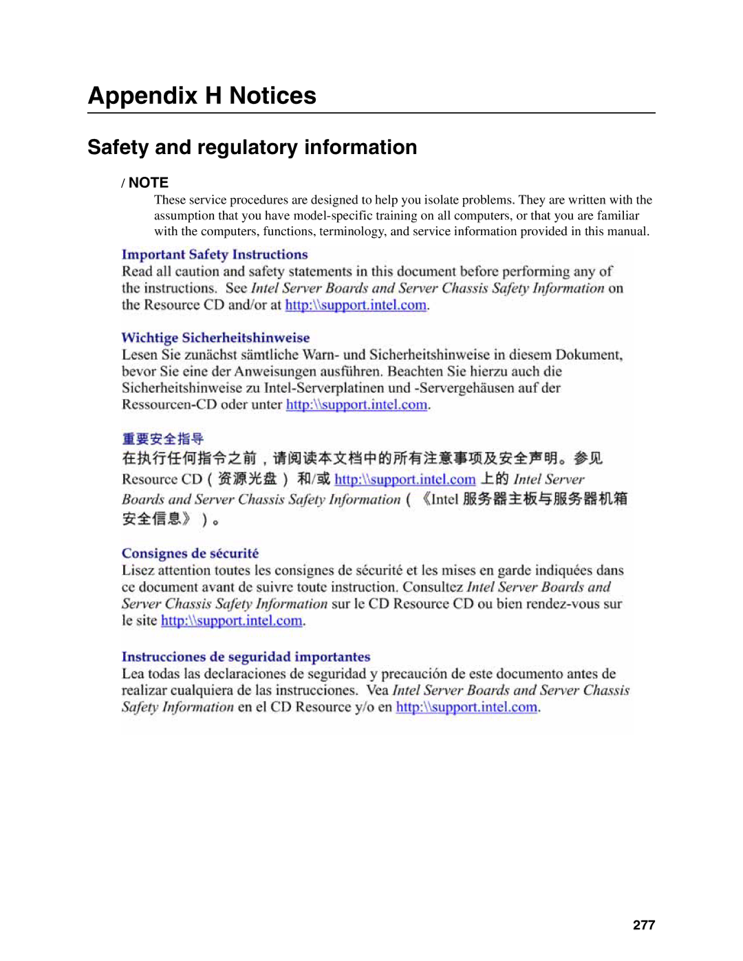 Intel IXM5414E manual Safety and regulatory information, 277 