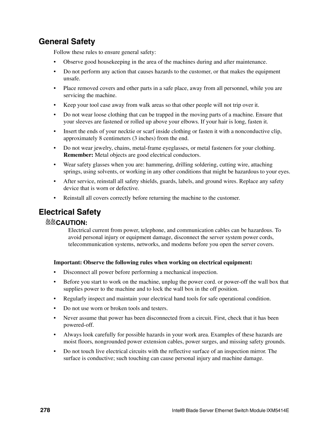 Intel IXM5414E manual General Safety, Electrical Safety, 278 