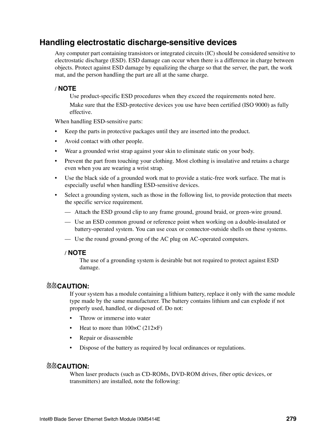 Intel IXM5414E manual Handling electrostatic discharge-sensitive devices, 279 