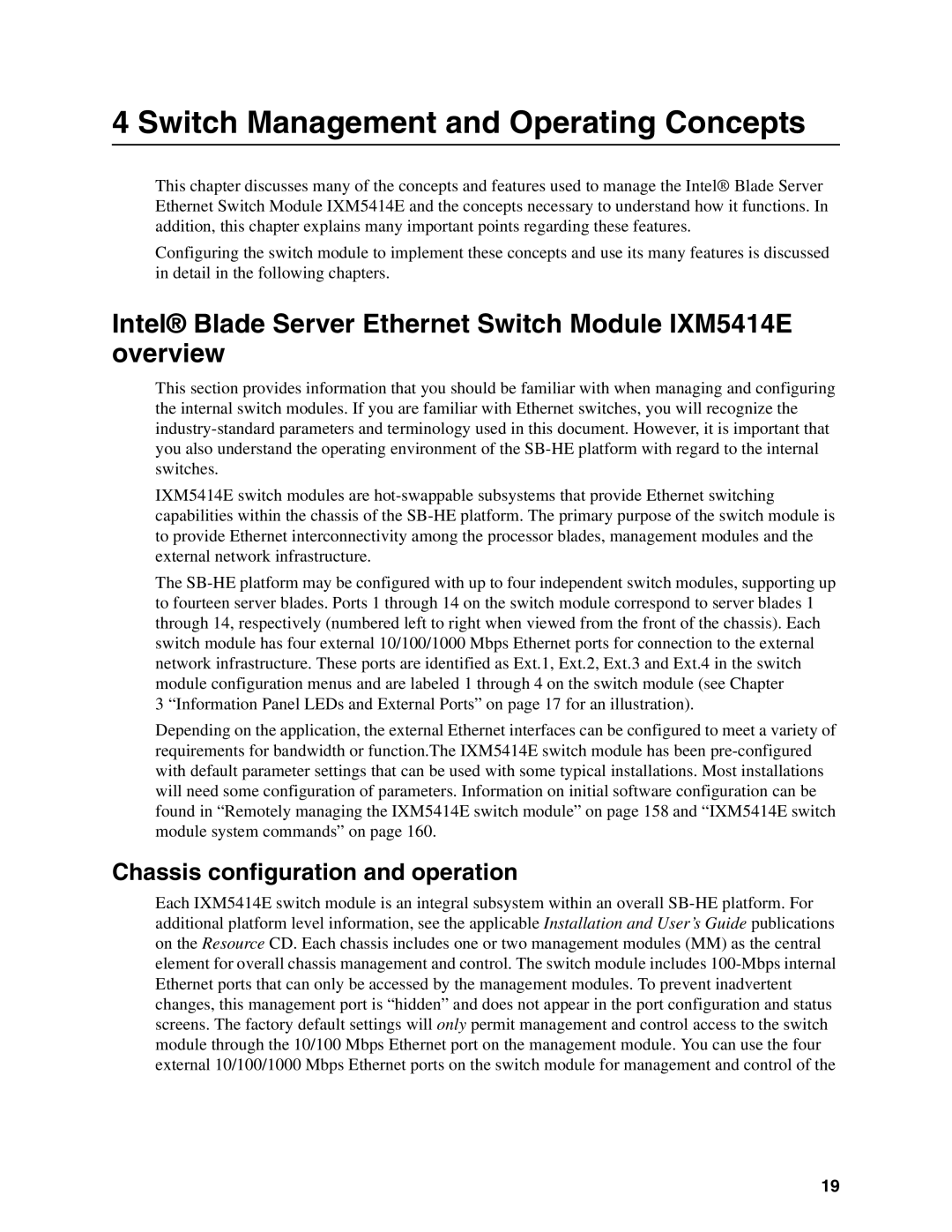 Intel manual Intel Blade Server Ethernet Switch Module IXM5414E overview, Chassis configuration and operation 