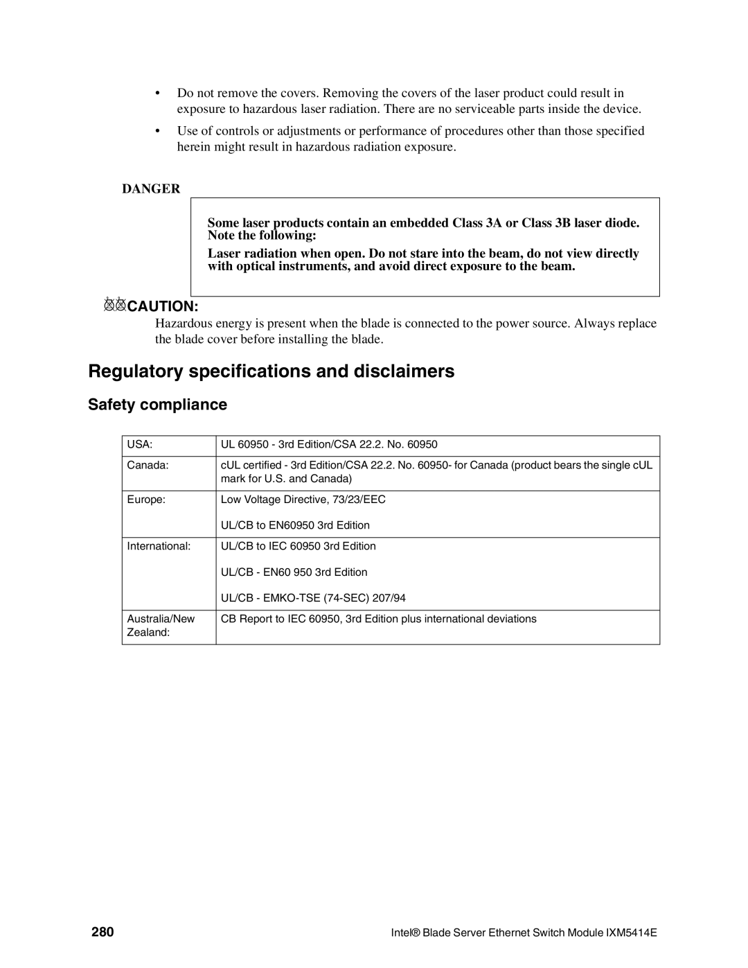 Intel IXM5414E manual Regulatory specifications and disclaimers, Safety compliance, 280 