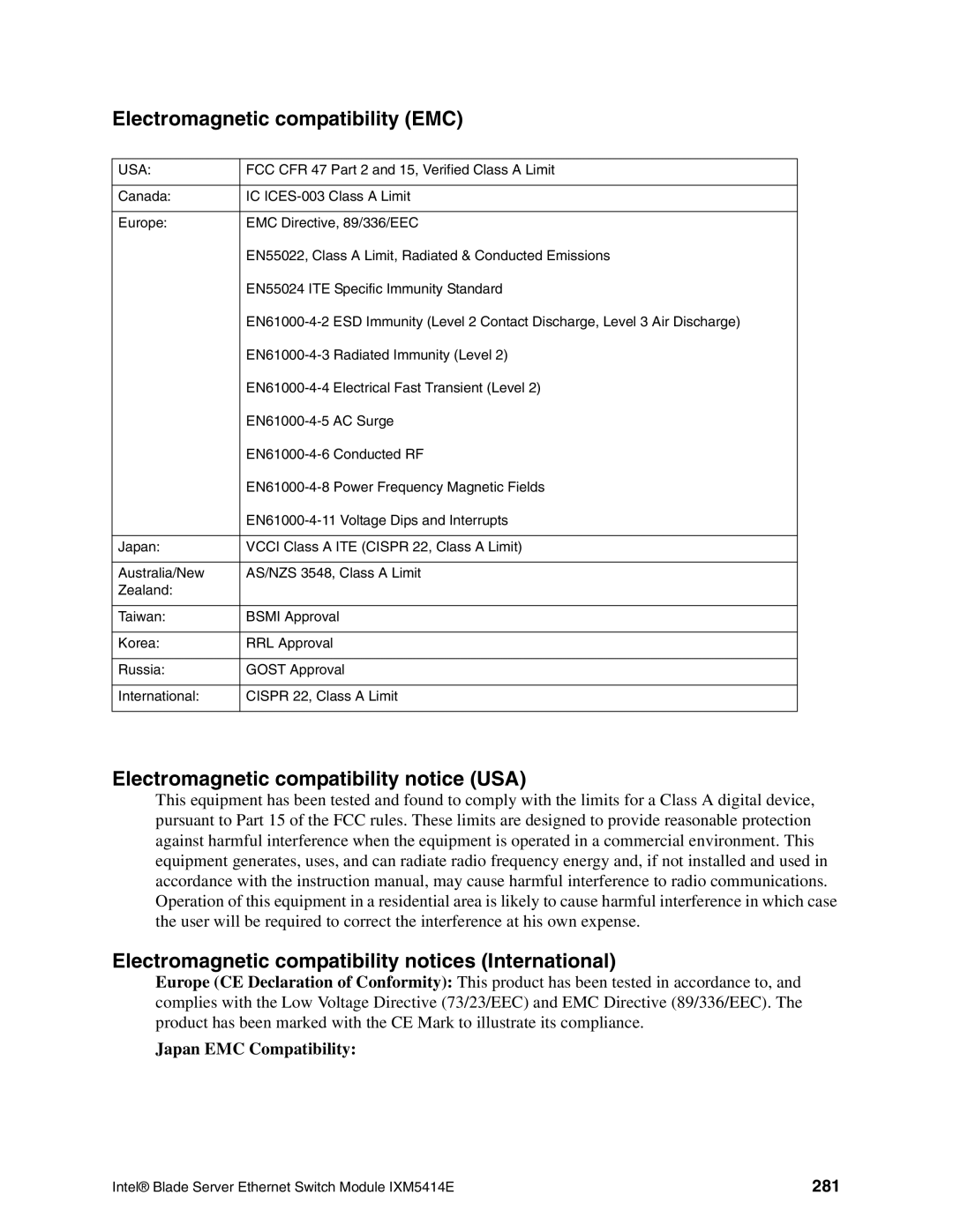 Intel IXM5414E manual Electromagnetic compatibility EMC, Japan EMC Compatibility, 281 