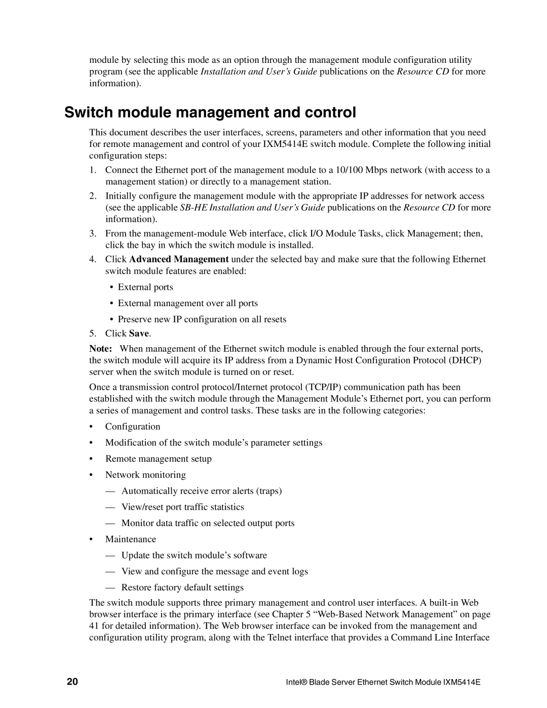 Intel IXM5414E manual Switch module management and control 