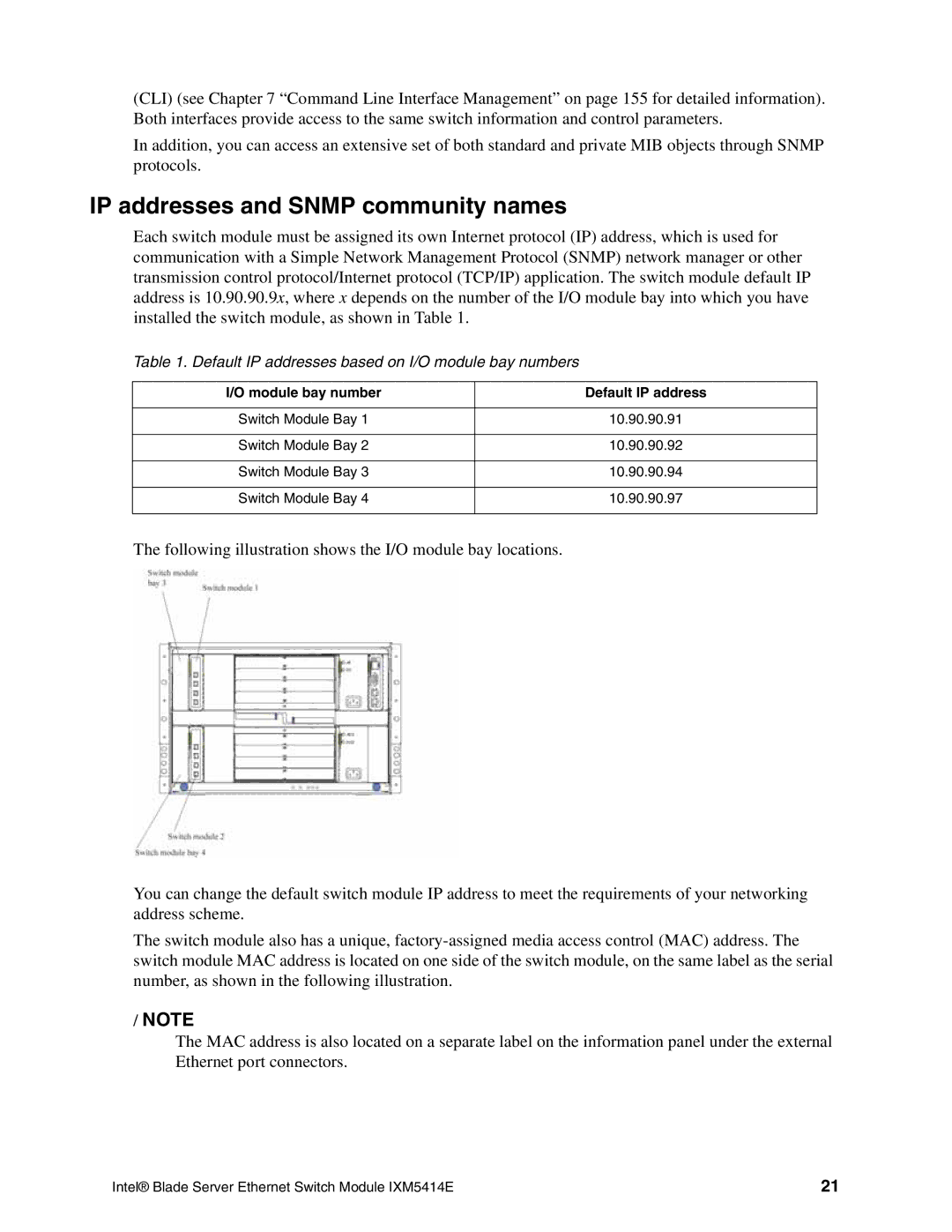 Intel IXM5414E manual IP addresses and Snmp community names, Module bay number Default IP address 