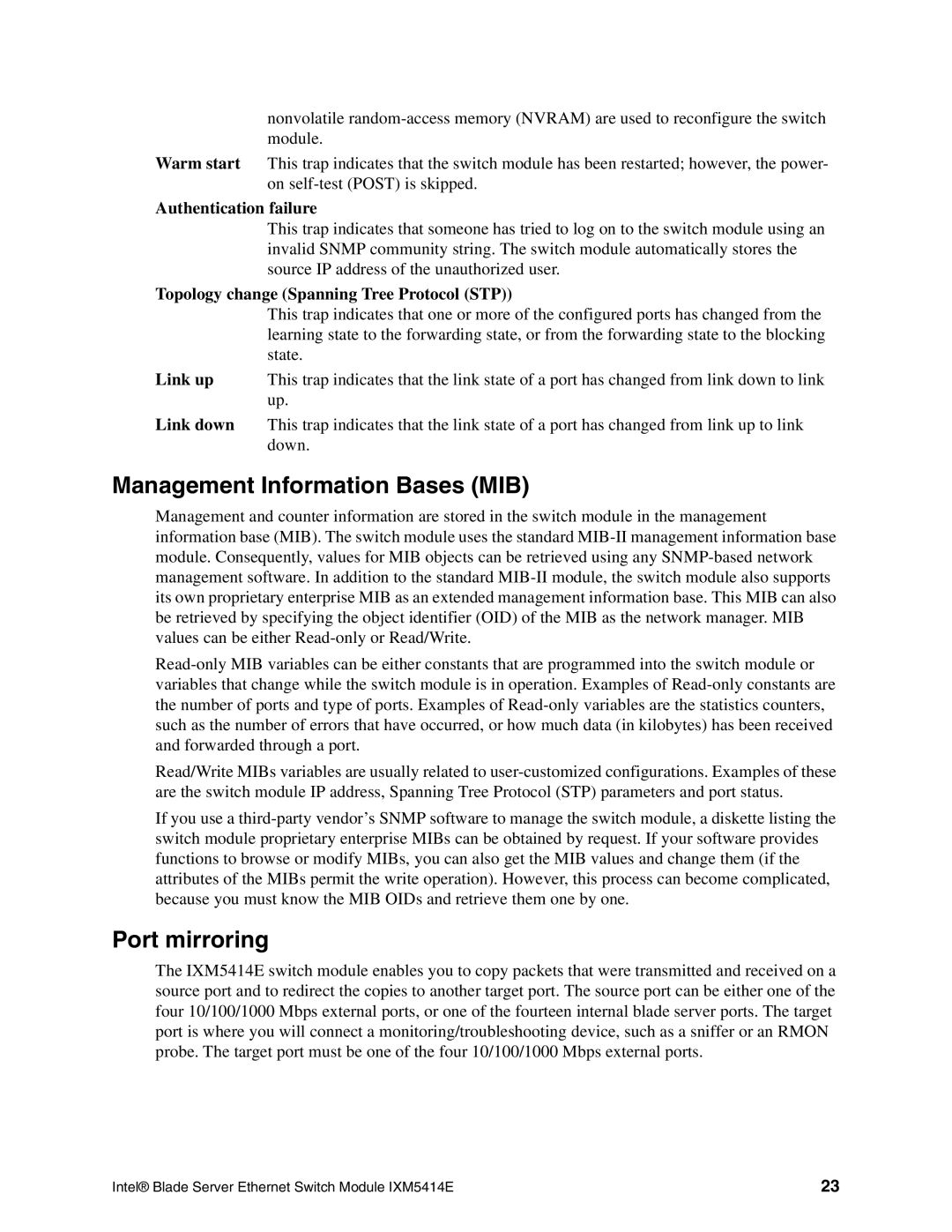 Intel IXM5414E manual Management Information Bases MIB, Port mirroring, Authentication failure 