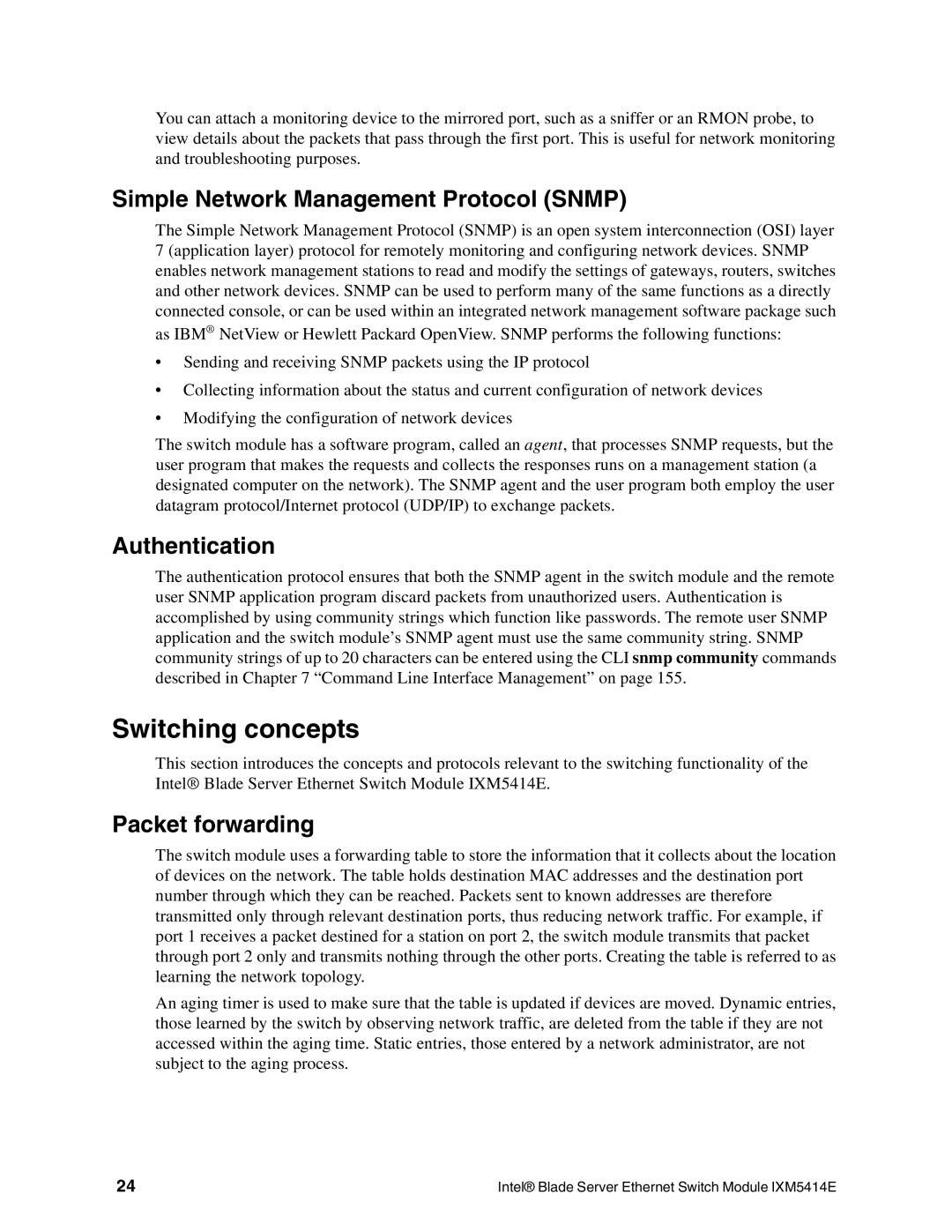 Intel IXM5414E manual Switching concepts, Simple Network Management Protocol Snmp, Authentication, Packet forwarding 