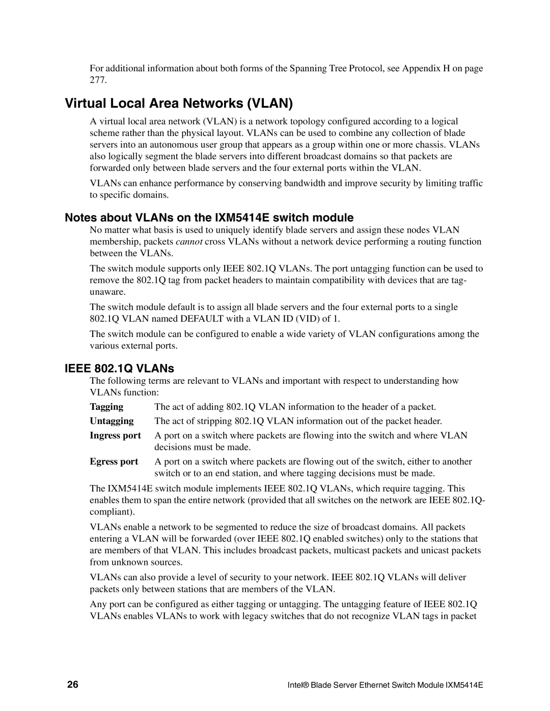 Intel IXM5414E manual Virtual Local Area Networks Vlan, Ieee 802.1Q VLANs 