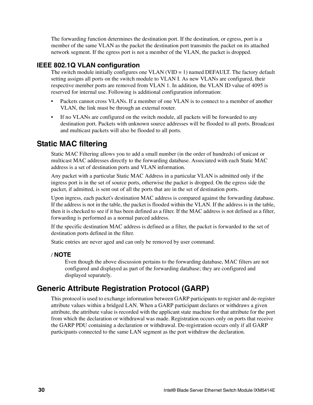 Intel IXM5414E manual Static MAC filtering, Generic Attribute Registration Protocol Garp, Ieee 802.1Q Vlan configuration 