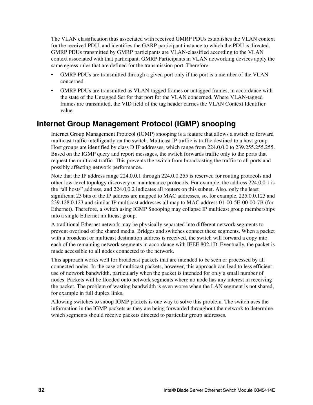 Intel IXM5414E manual Internet Group Management Protocol Igmp snooping 