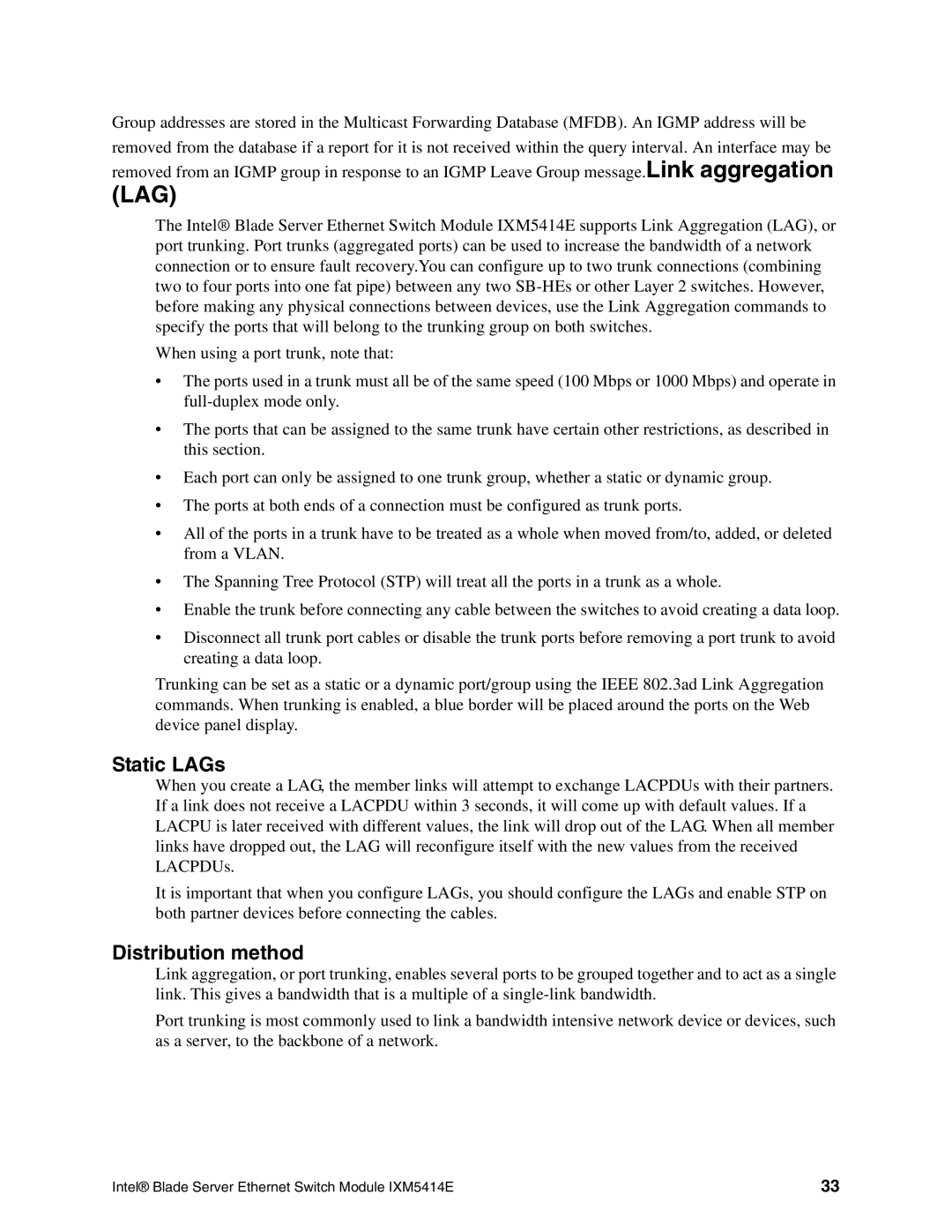 Intel IXM5414E manual Static LAGs, Distribution method 