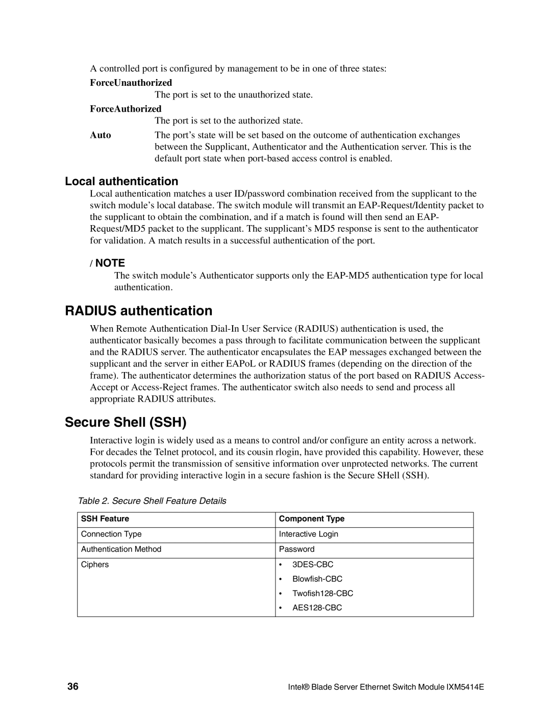 Intel IXM5414E manual Radius authentication, Secure Shell SSH, Local authentication 