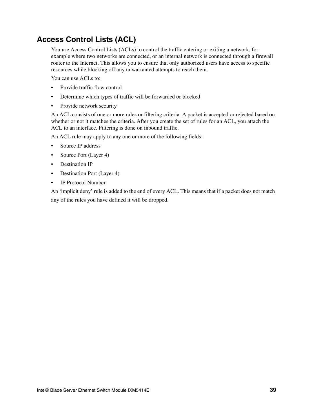Intel IXM5414E manual Access Control Lists ACL 