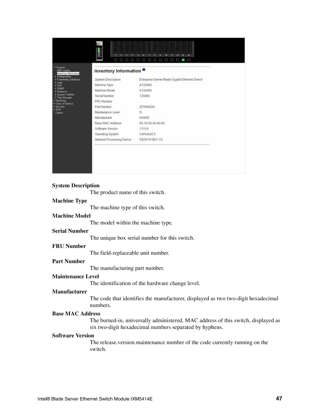 Intel IXM5414E System Description, Machine Type, Machine Model, Serial Number, FRU Number, Part Number, Maintenance Level 