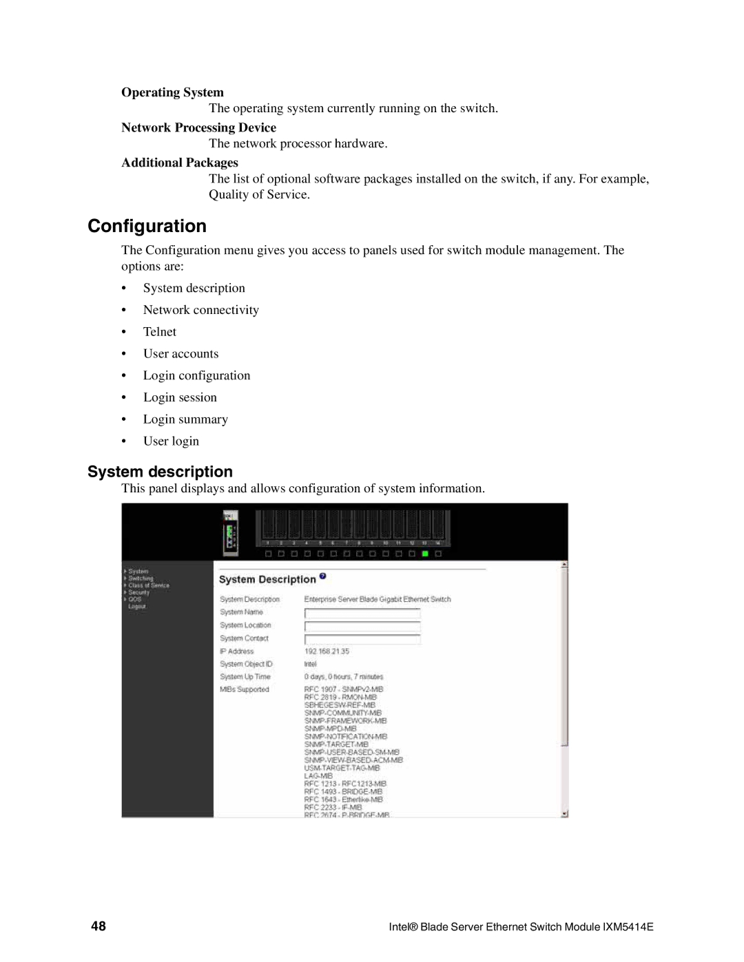 Intel IXM5414E manual Configuration, System description, Operating System, Network Processing Device, Additional Packages 