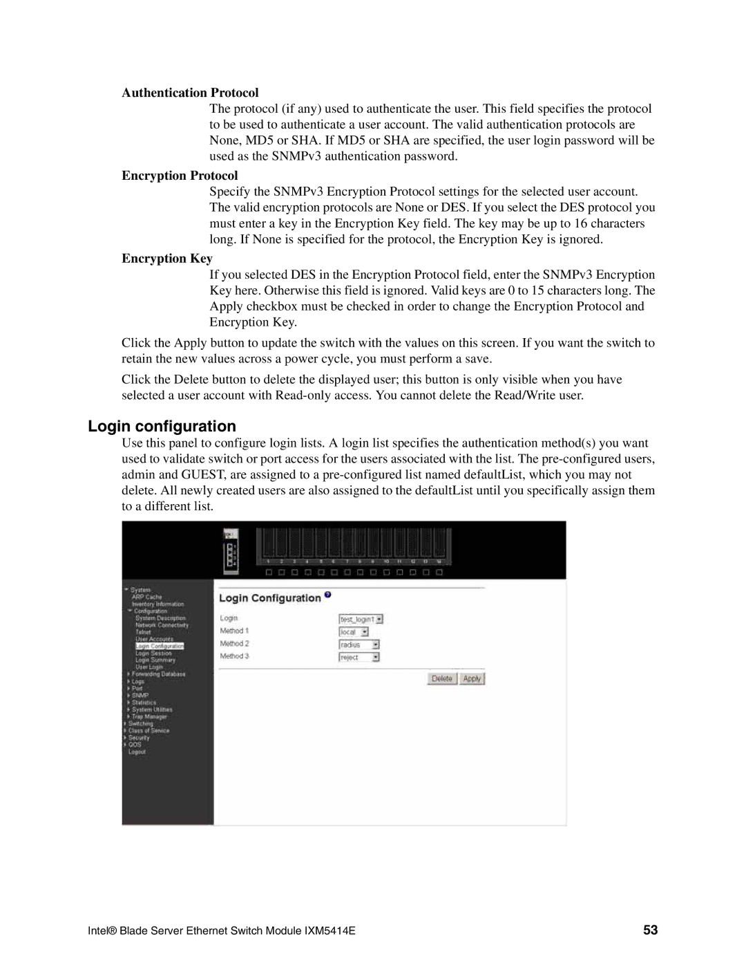 Intel IXM5414E manual Login configuration, Authentication Protocol, Encryption Protocol, Encryption Key 