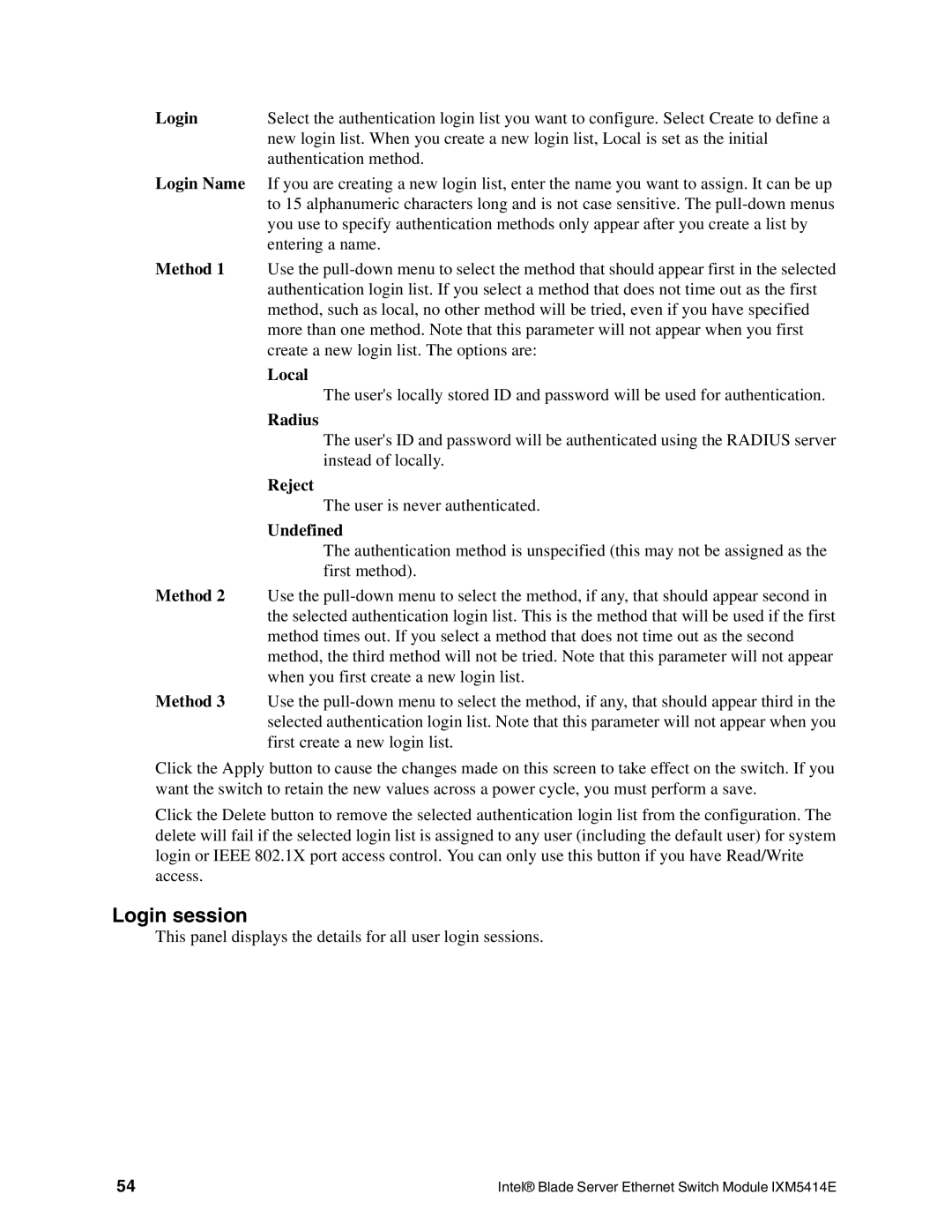 Intel IXM5414E manual Login session 