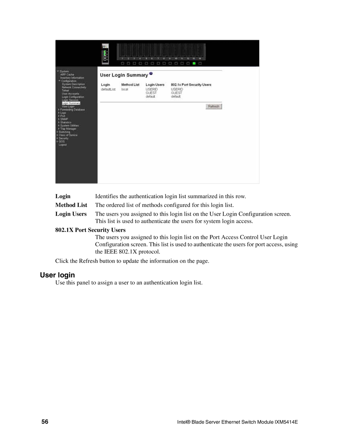 Intel IXM5414E manual User login, Method List, Login Users, 802.1X Port Security Users 